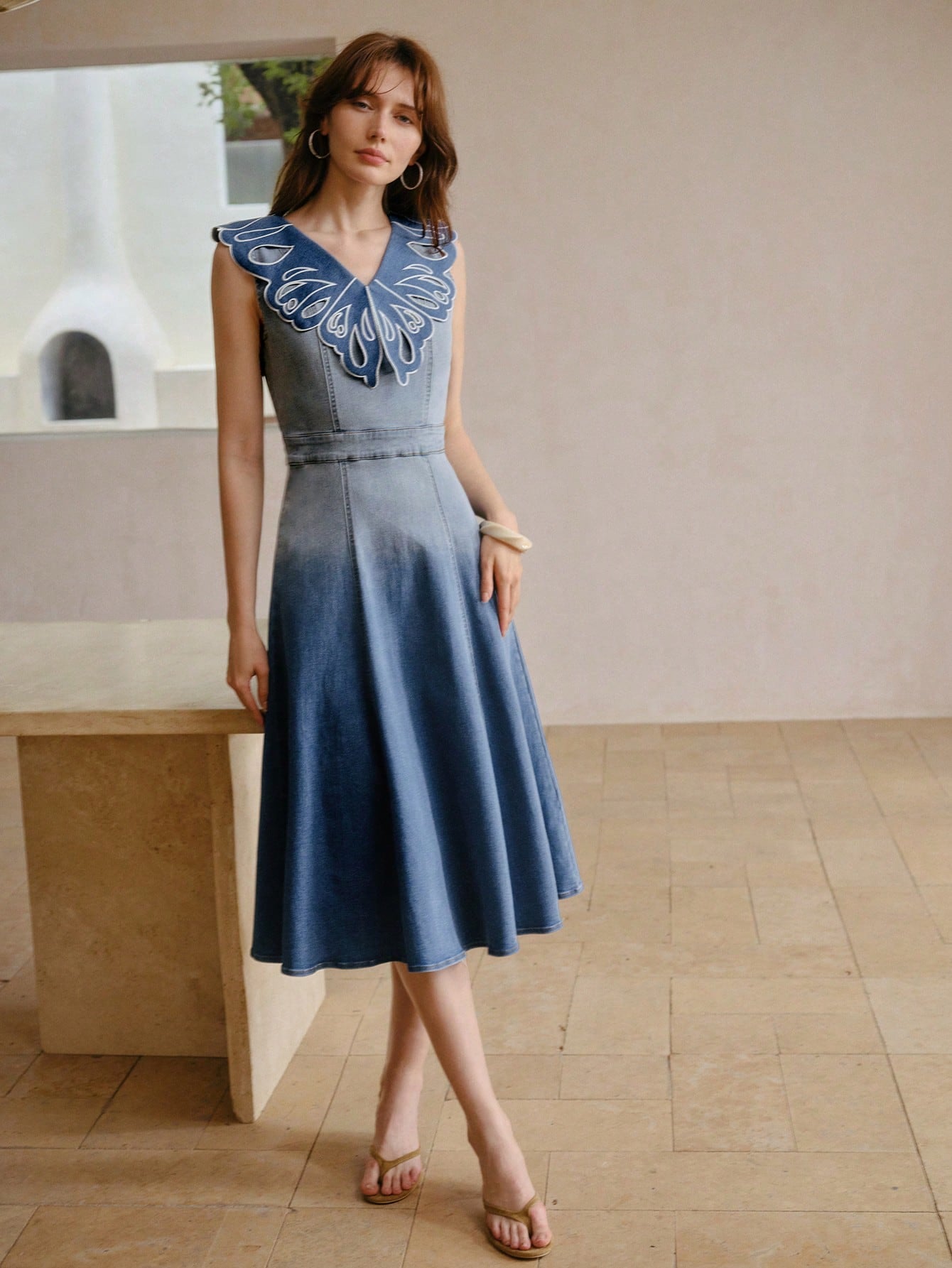 CM-DS323358 Women Elegant Seoul Style V-Neck Sleeveless Cut Out Embroidery Denim Dress - Blue