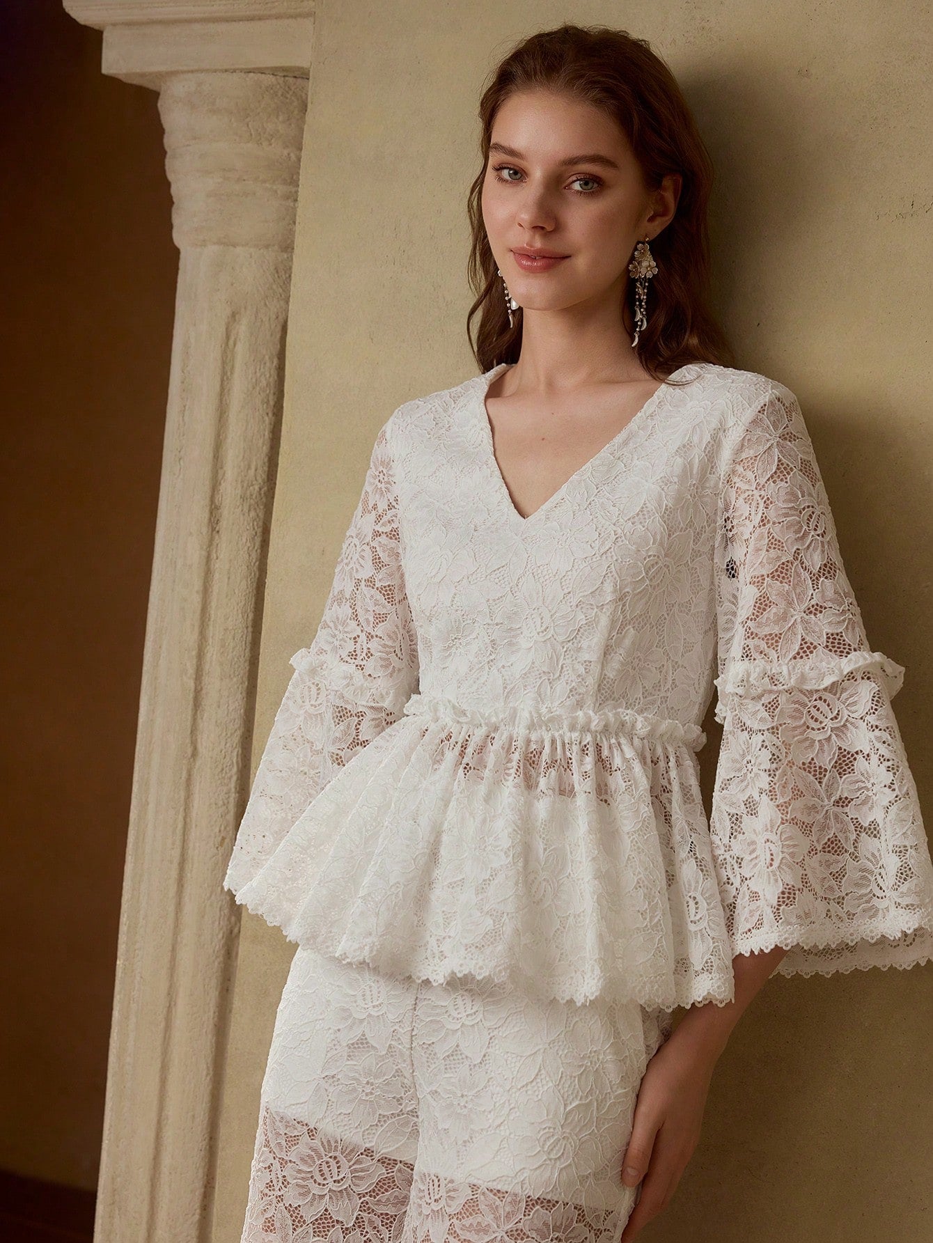 CM-TS230883 Women Elegant Seoul Style V-Neck Flounce Sleeve Lace Ruffle Hem Blouse - White