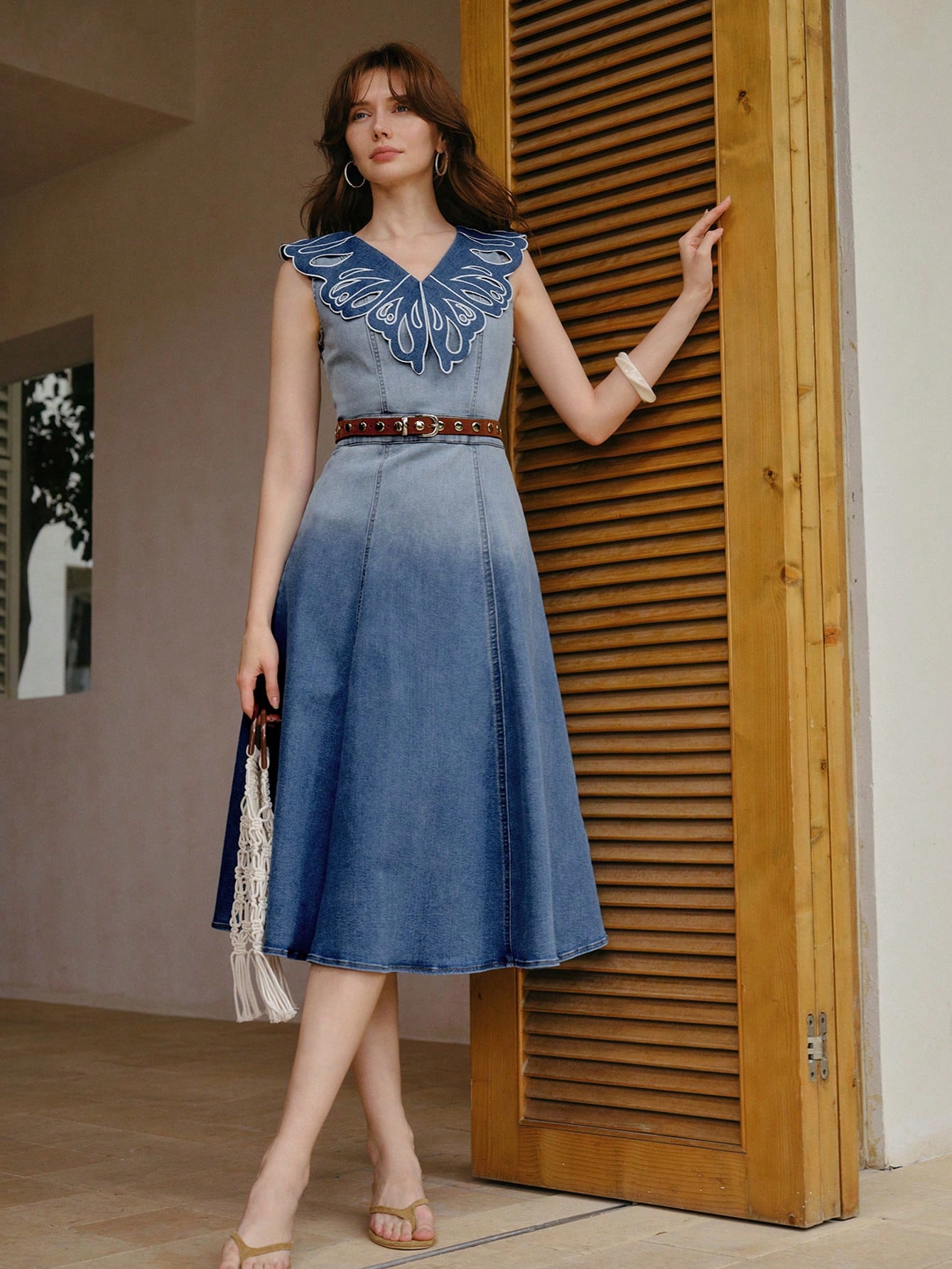 CM-DS323358 Women Elegant Seoul Style V-Neck Sleeveless Cut Out Embroidery Denim Dress - Blue