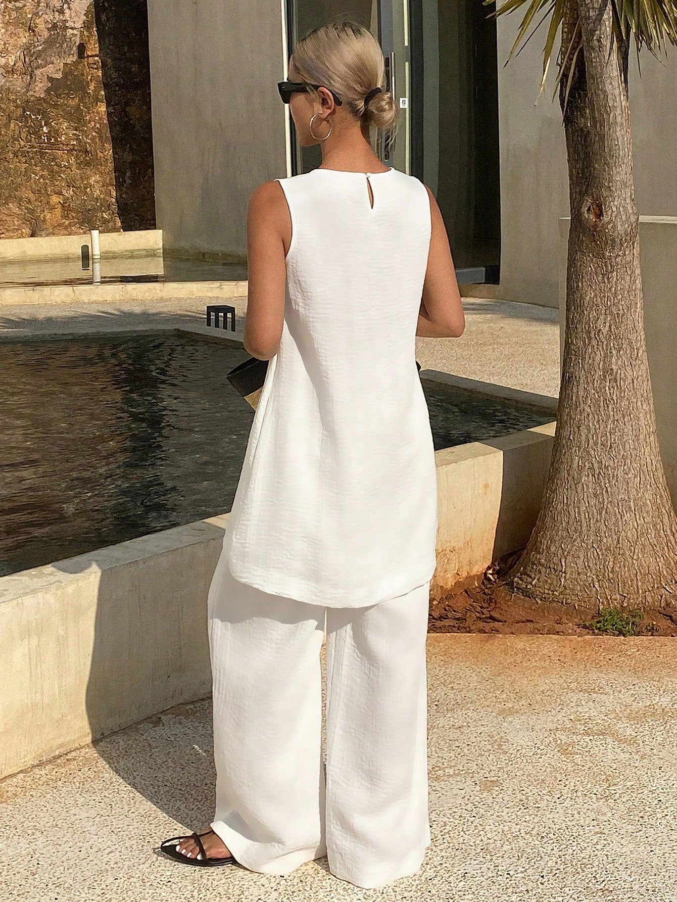 CM-SS250303 Women Trendy Bohemian Style Solid Color Round Neck Sleeveless Long Tank Top With Wide Leg Pants - Set