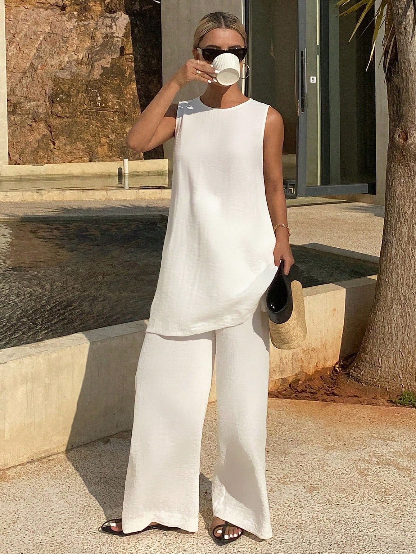 CM-SS250303 Women Trendy Bohemian Style Solid Color Round Neck Sleeveless Long Tank Top With Wide Leg Pants - Set