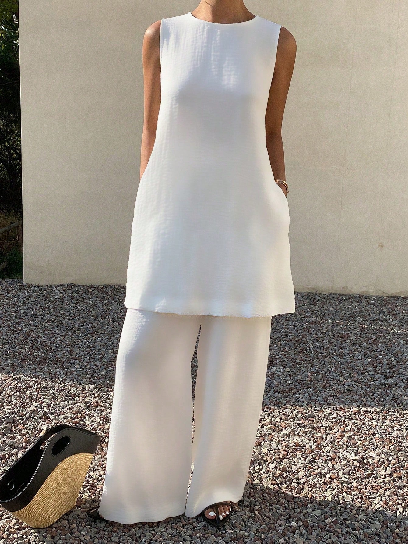 CM-SS250303 Women Trendy Bohemian Style Solid Color Round Neck Sleeveless Long Tank Top With Wide Leg Pants - Set