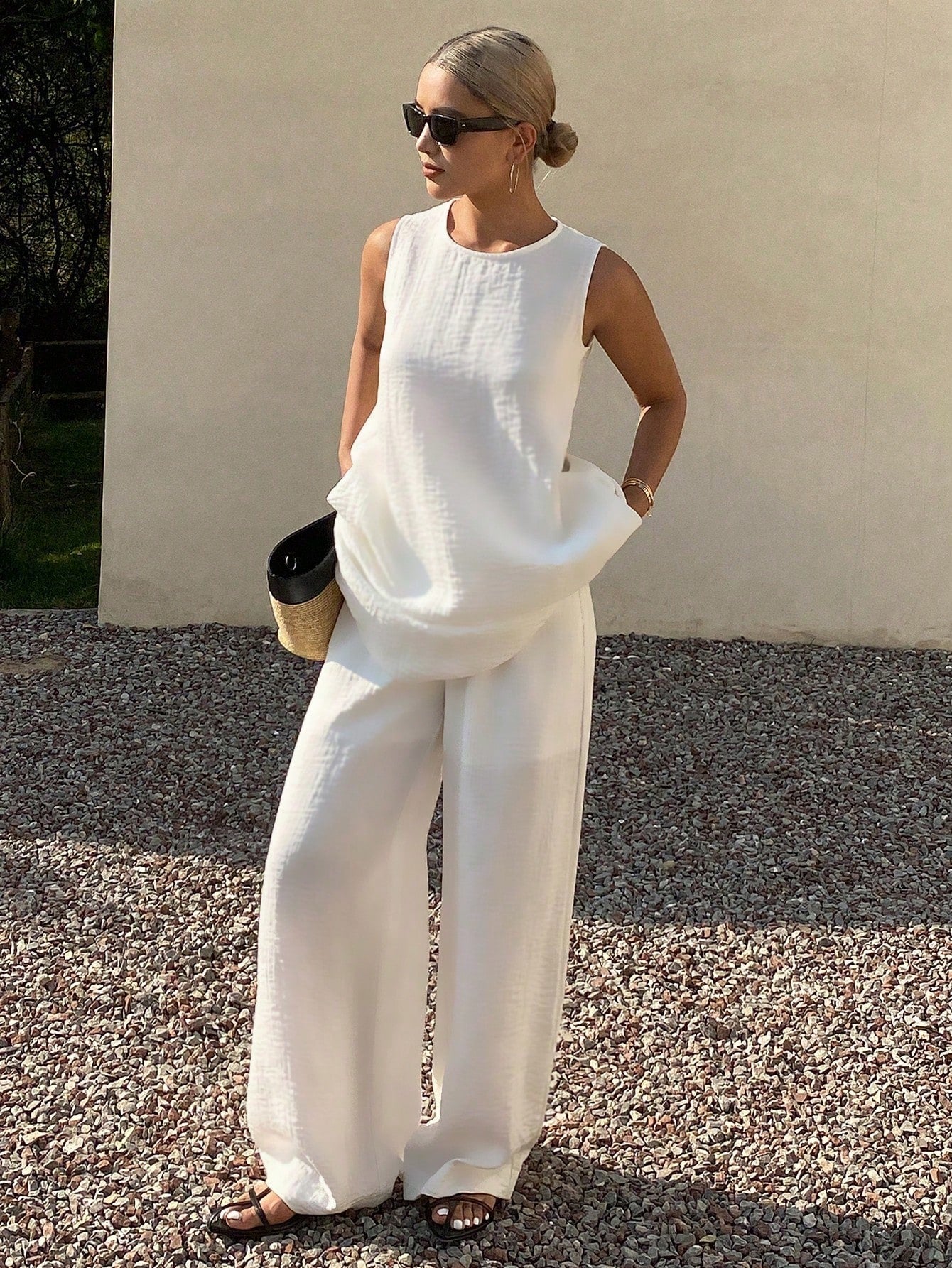 CM-SS250303 Women Trendy Bohemian Style Solid Color Round Neck Sleeveless Long Tank Top With Wide Leg Pants - Set