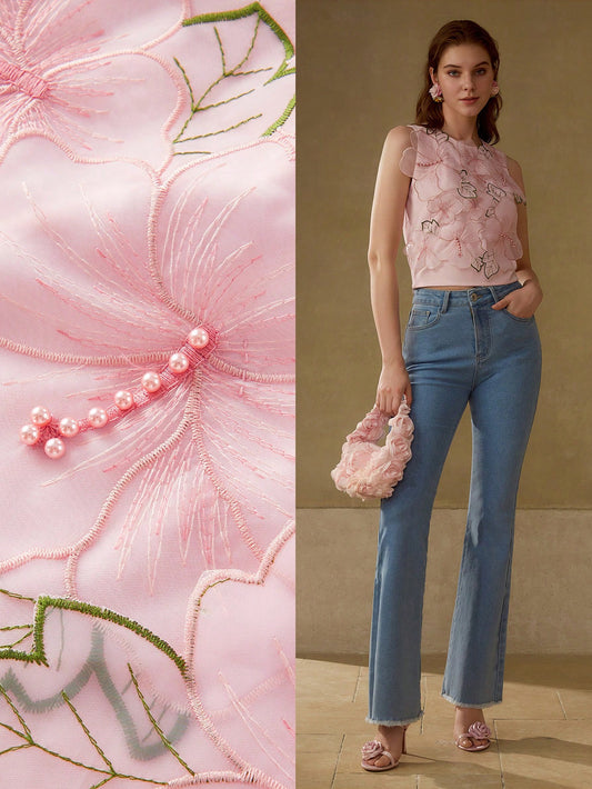 CM-TS400202 Women Elegant Seoul Style Floral Appliques Faux Pearl Detail Round Neck Sleeveless Tank Top - Pink