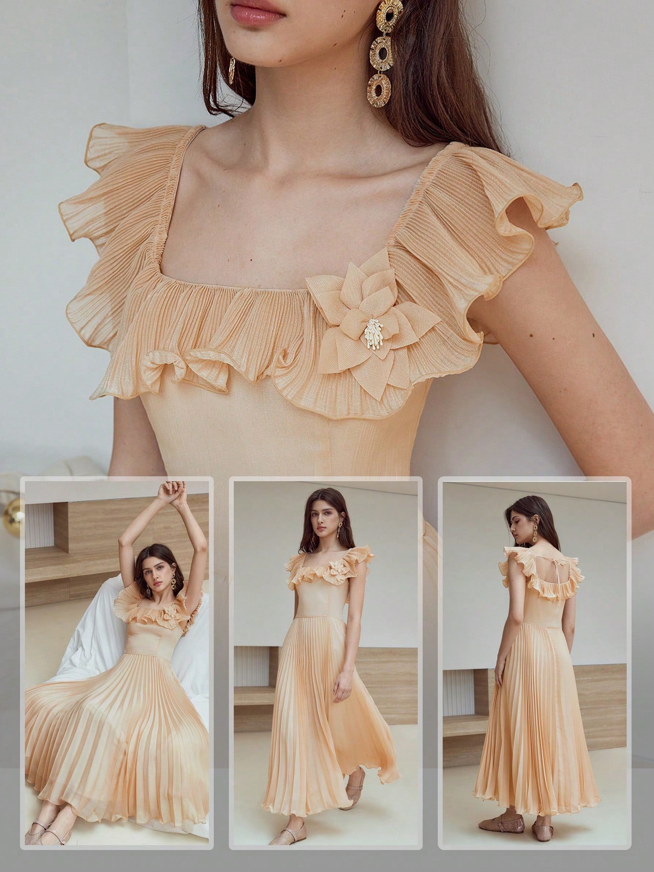 CM-DS132239 Women Elegant Seoul Style Stand Collar Cap Sleeve High Waist Flowy Pleated Dress - Apricot
