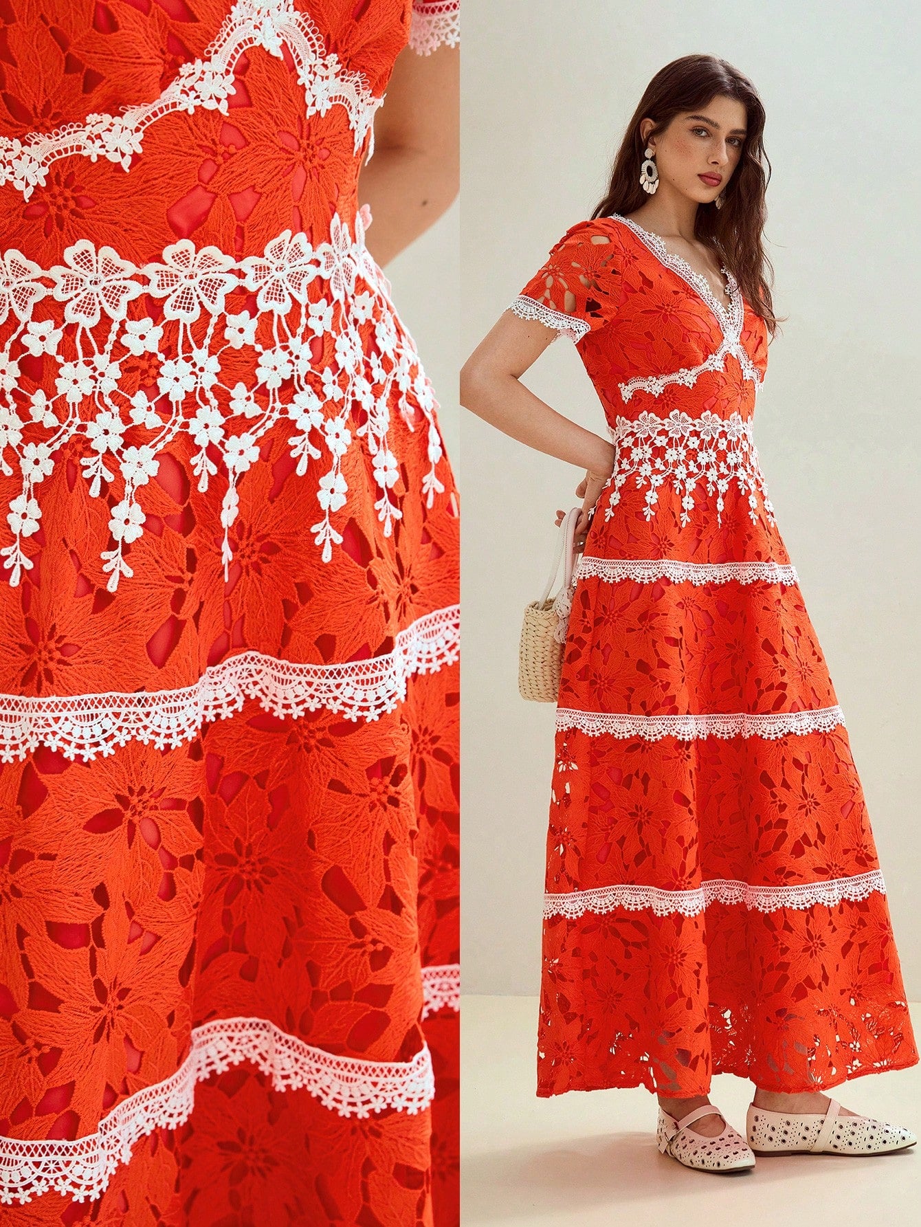 CM-DS241225 Women Elegant Seoul Style V-Neck Short Sleeve Contrast Lace Cut Out High Waist Dress - Orange
