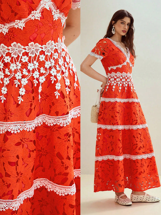 CM-DS241225 Women Elegant Seoul Style V-Neck Short Sleeve Contrast Lace Cut Out High Waist Dress - Orange