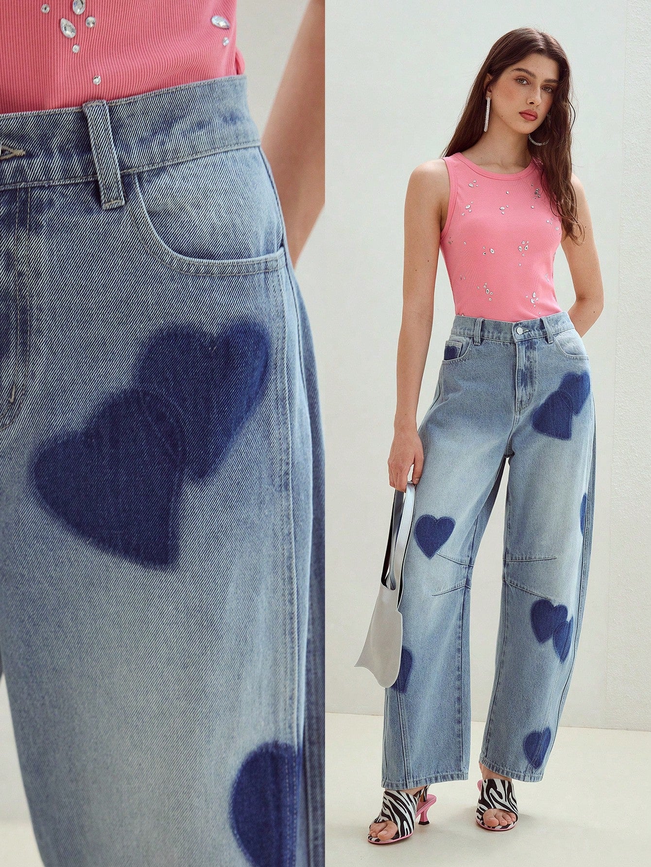 CM-BS747086 Women Casual Seoul Style Mid Waist Heart Patchwork Design Loose Fit Jeans - Blue