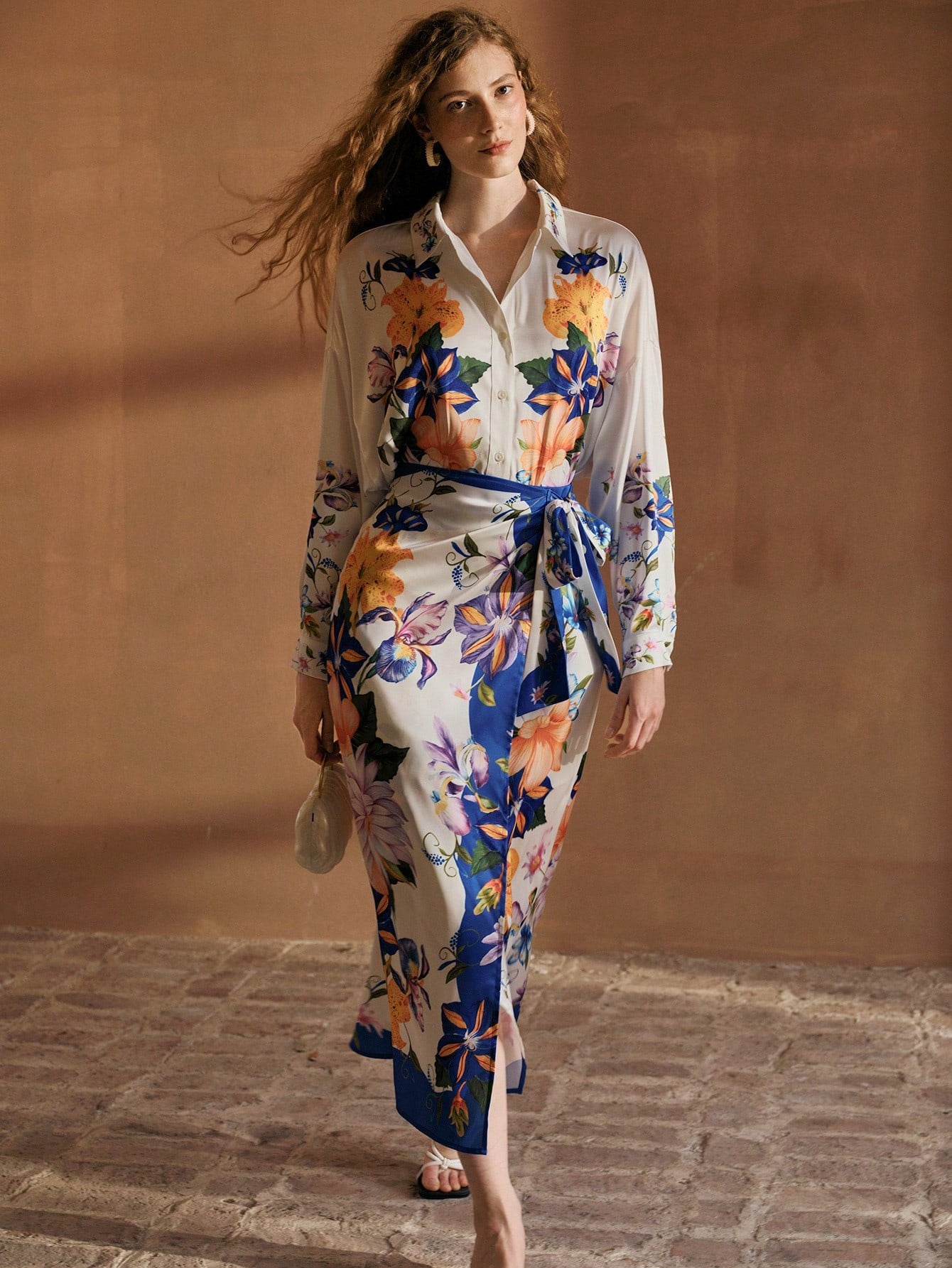 CM-BS275573 Women Trendy Bohemian Style Floral Print Wrap Knot Mid-Length Skirt