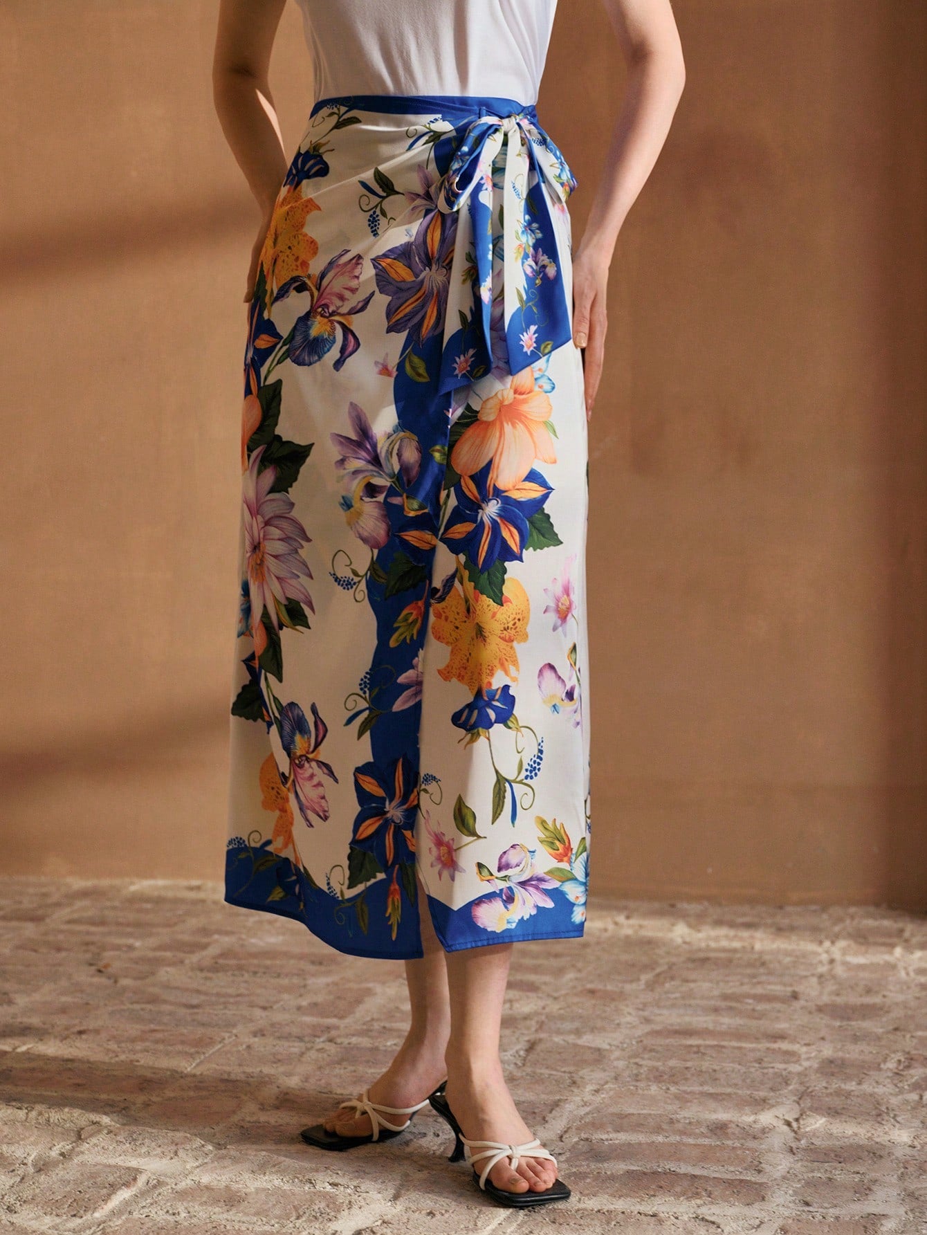 CM-BS275573 Women Trendy Bohemian Style Floral Print Wrap Knot Mid-Length Skirt