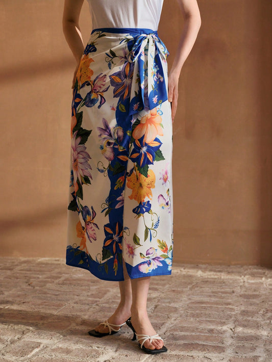 CM-BS275573 Women Trendy Bohemian Style Floral Print Wrap Knot Mid-Length Skirt