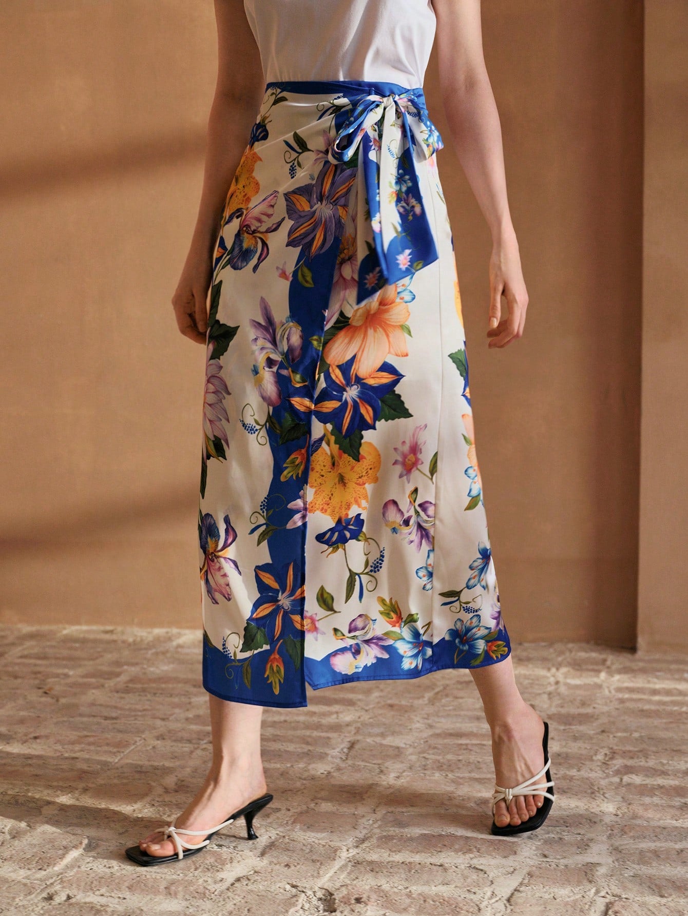 CM-BS275573 Women Trendy Bohemian Style Floral Print Wrap Knot Mid-Length Skirt