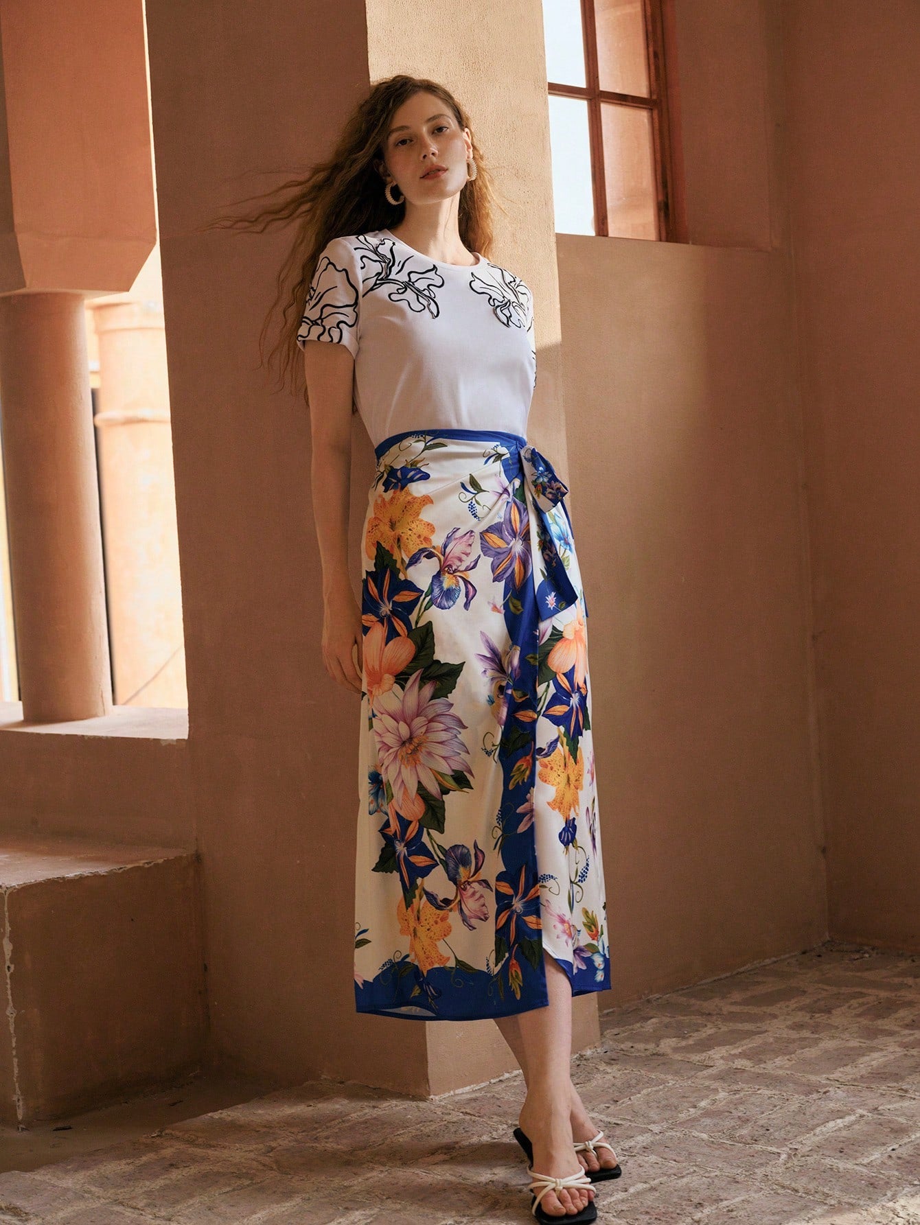 CM-BS275573 Women Trendy Bohemian Style Floral Print Wrap Knot Mid-Length Skirt