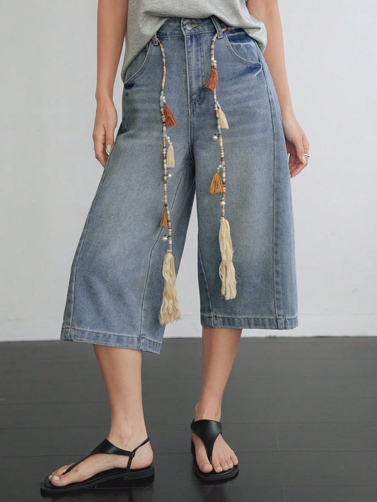 CM-BS130937 Women Casual Seoul Style Medium Wash Loose Beaded Tassel Decor Faded Straight Leg Capri Jeans