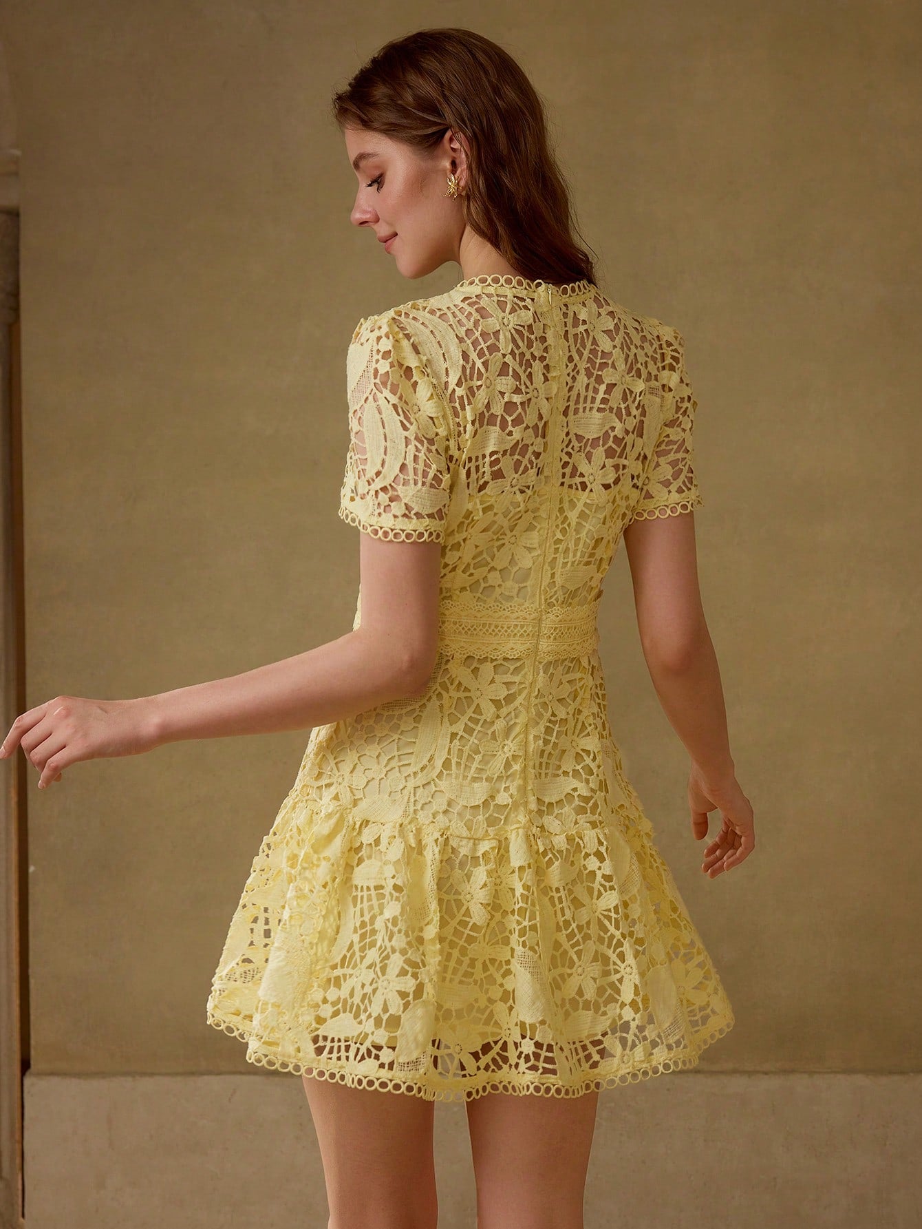 CM-DS878772 Women Elegant Seoul Style Round Neck Puff Sleeve Guipure Lace Sheer Dress - Yellow