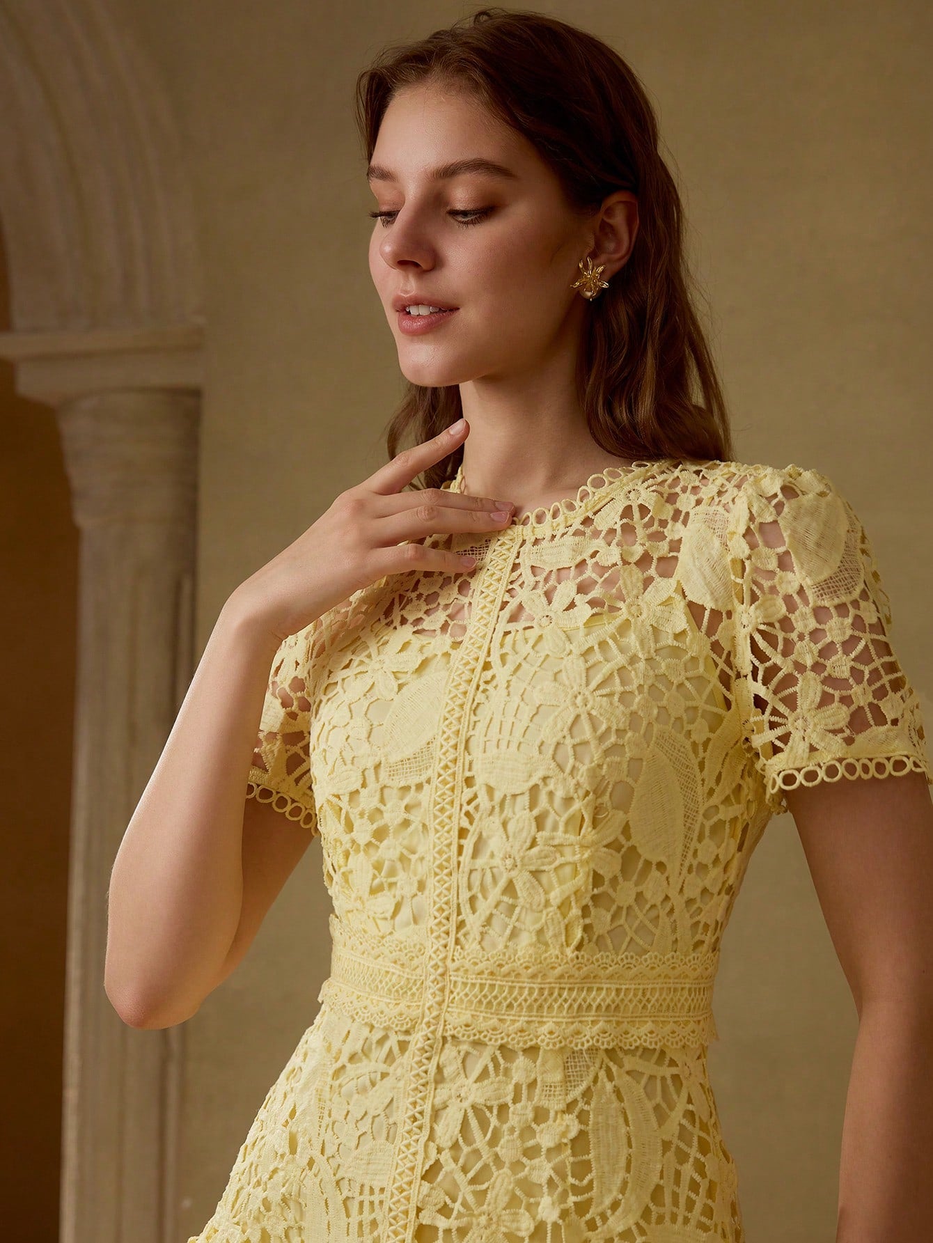 CM-DS878772 Women Elegant Seoul Style Round Neck Puff Sleeve Guipure Lace Sheer Dress - Yellow