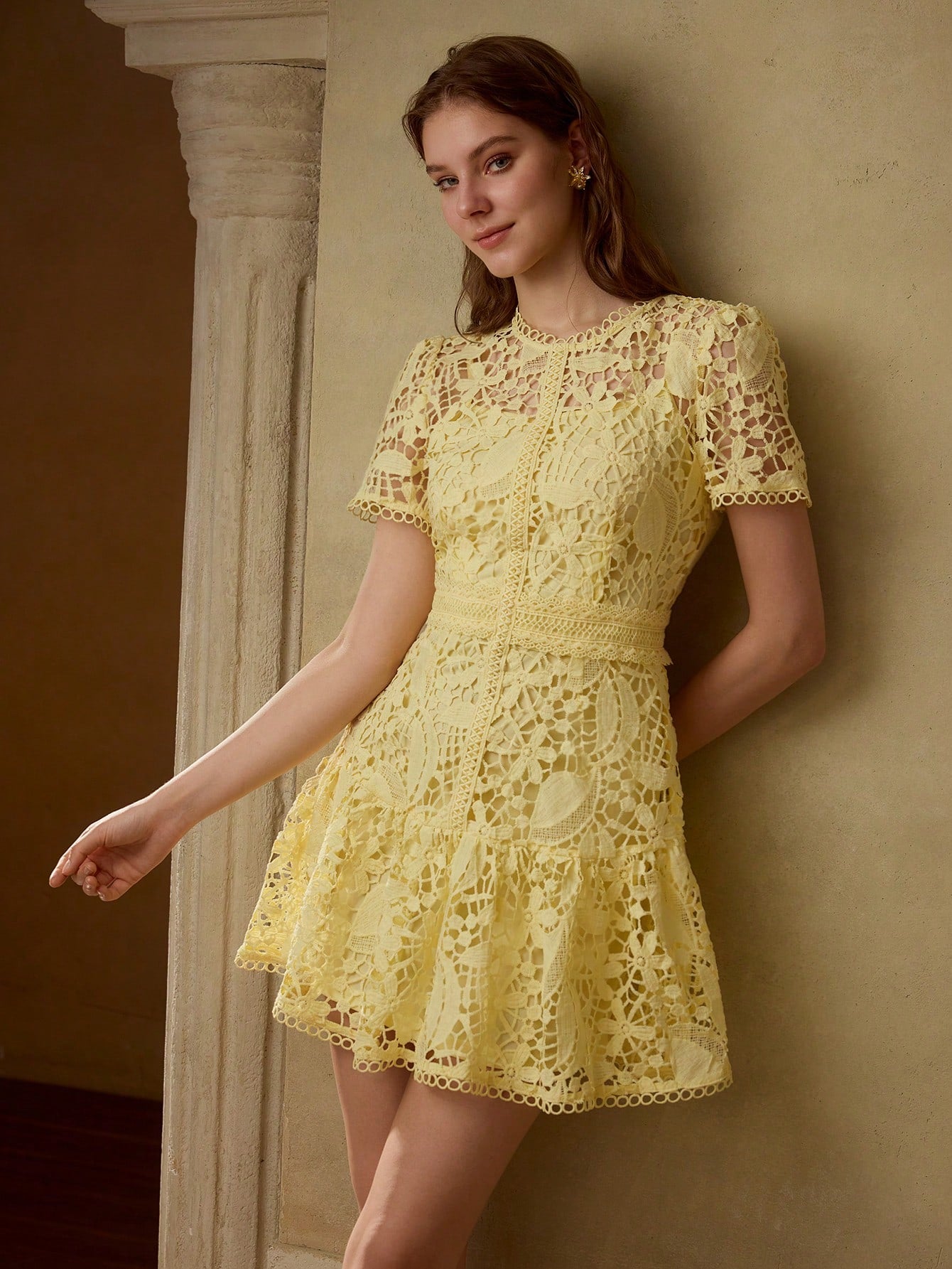 CM-DS878772 Women Elegant Seoul Style Round Neck Puff Sleeve Guipure Lace Sheer Dress - Yellow