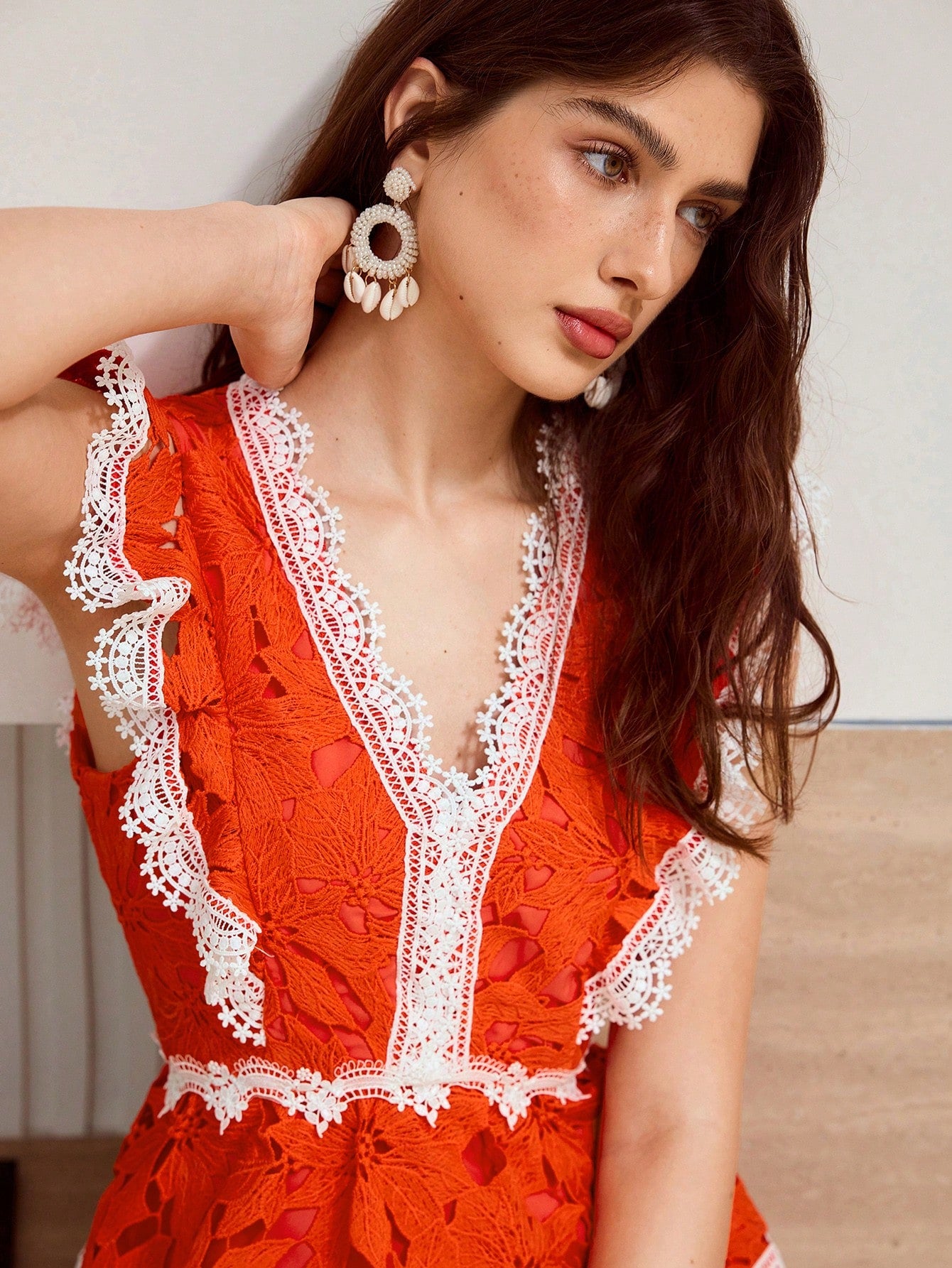 CM-SS142162 Women Trendy Bohemian Style Contrast Lace V-Neck Cap Sleeve Camisole Top With Short Pants - Set