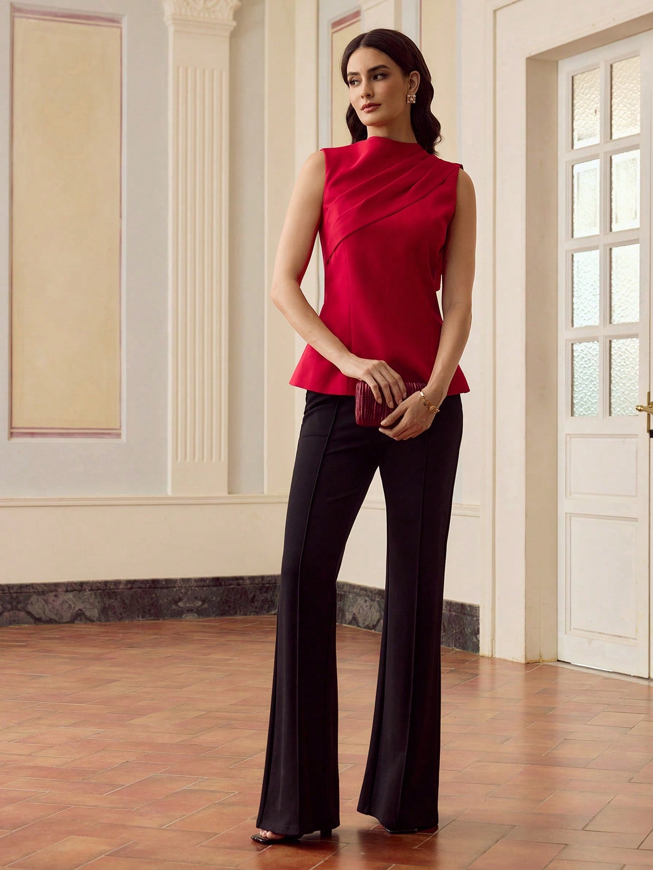 CM-TS149797 Women Elegant Seoul Style Sleeveless Asymmetric Pleated Ruched Waist Blouse - Red
