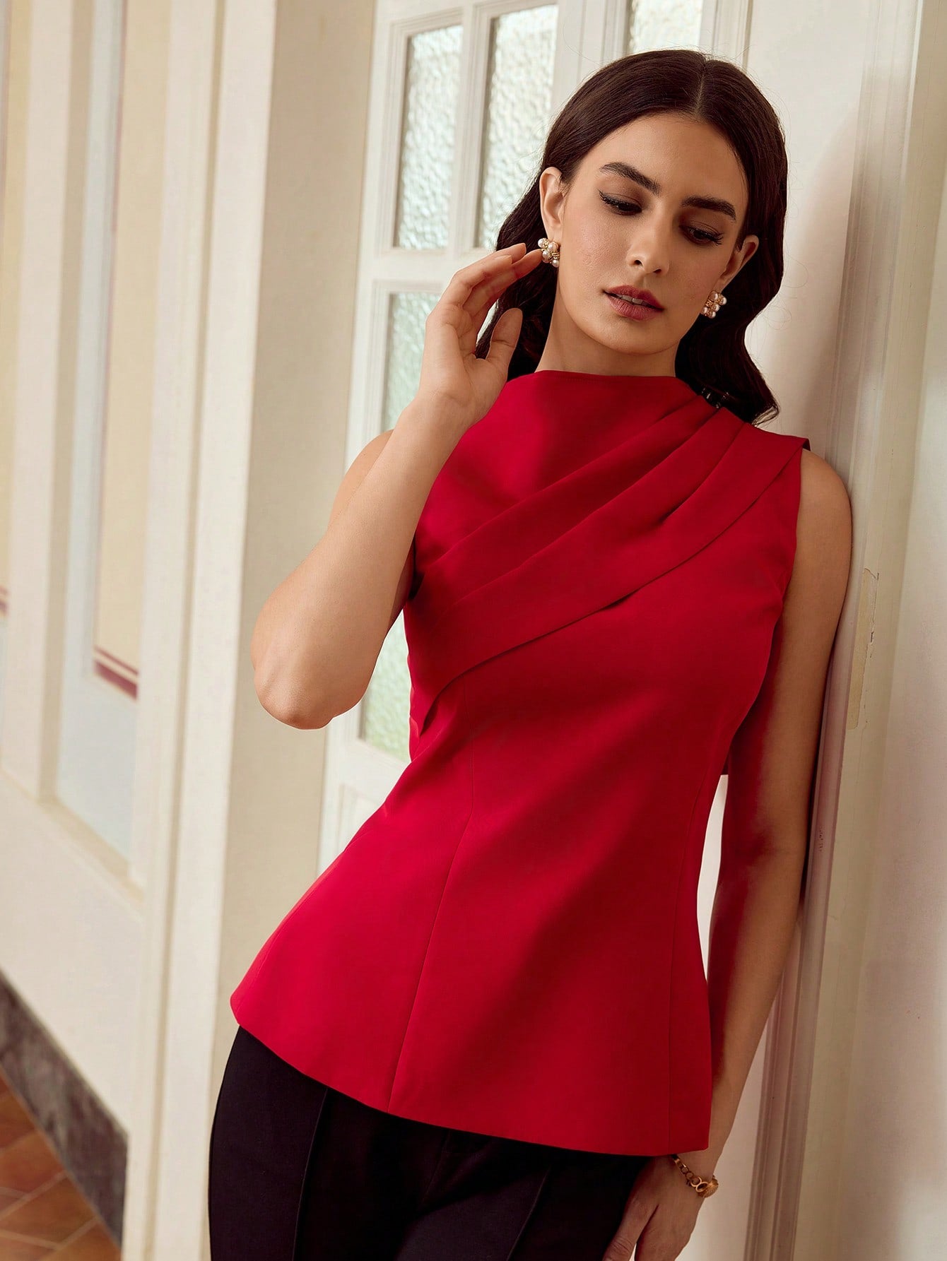 CM-TS149797 Women Elegant Seoul Style Sleeveless Asymmetric Pleated Ruched Waist Blouse - Red