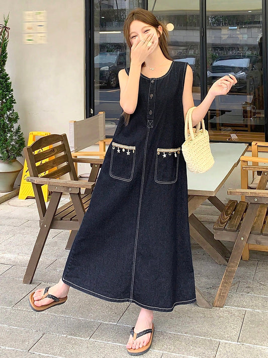 CM-DS430485 Women Casual Seoul Style Scoop Neck Sleeveless Loose Midi Denim Dress - Blue