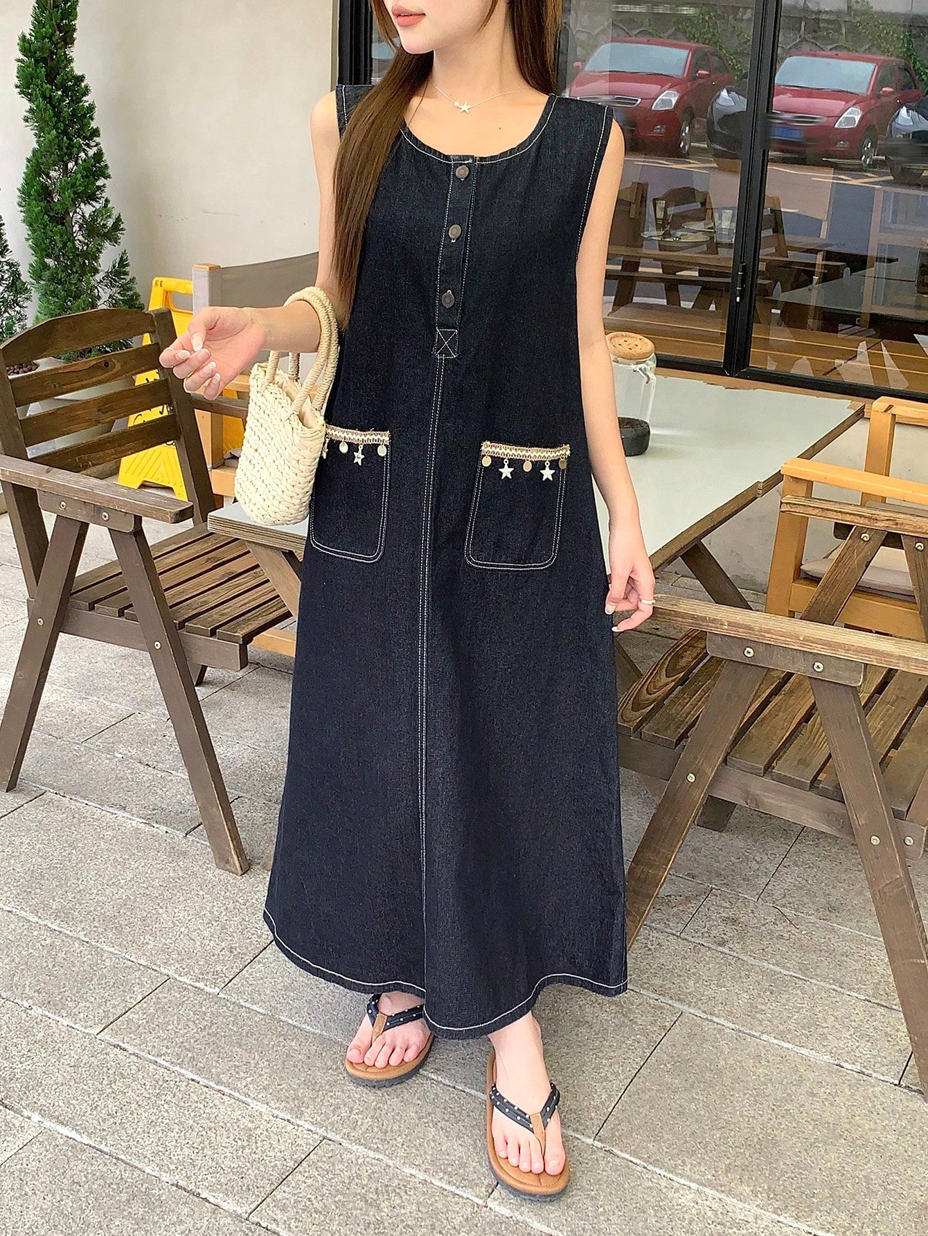 CM-DS430485 Women Casual Seoul Style Scoop Neck Sleeveless Loose Midi Denim Dress - Blue