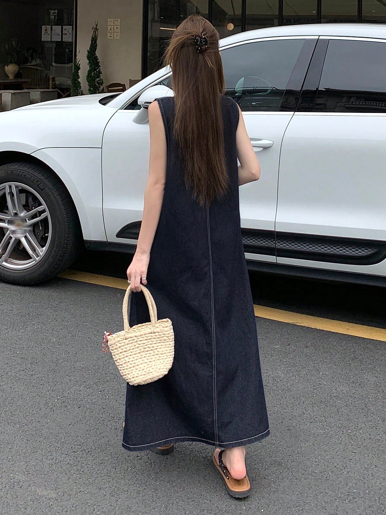 CM-DS430485 Women Casual Seoul Style Scoop Neck Sleeveless Loose Midi Denim Dress - Blue