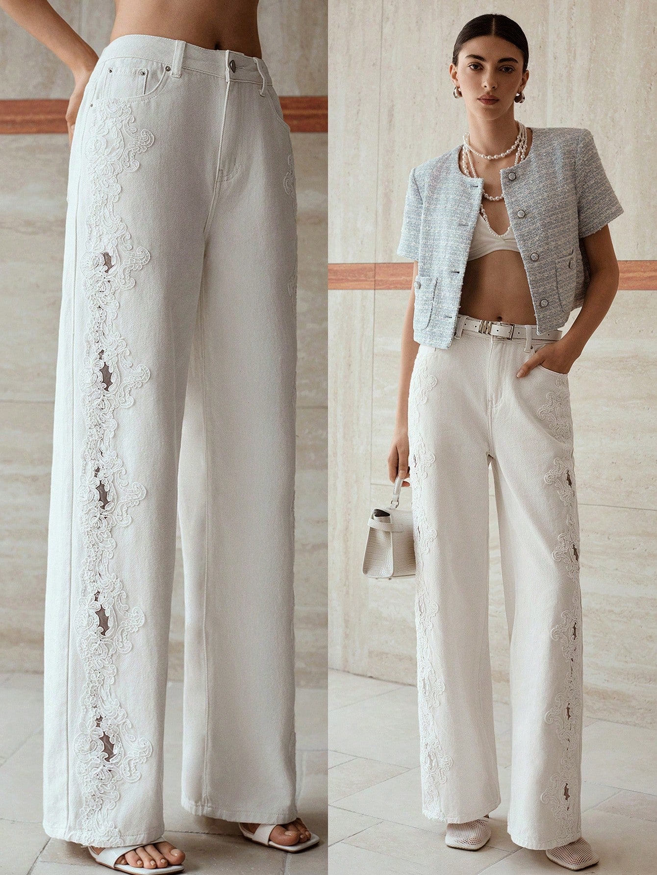 CM-BS901576 Women Casual Seoul Style Guipure Lace Insert Slant Pocket Wide Leg Jeans - White