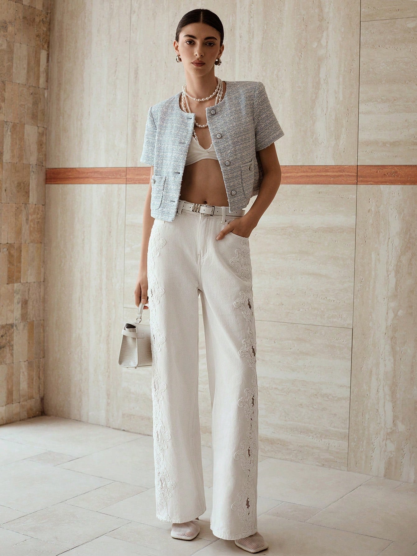 CM-BS901576 Women Casual Seoul Style Guipure Lace Insert Slant Pocket Wide Leg Jeans - White