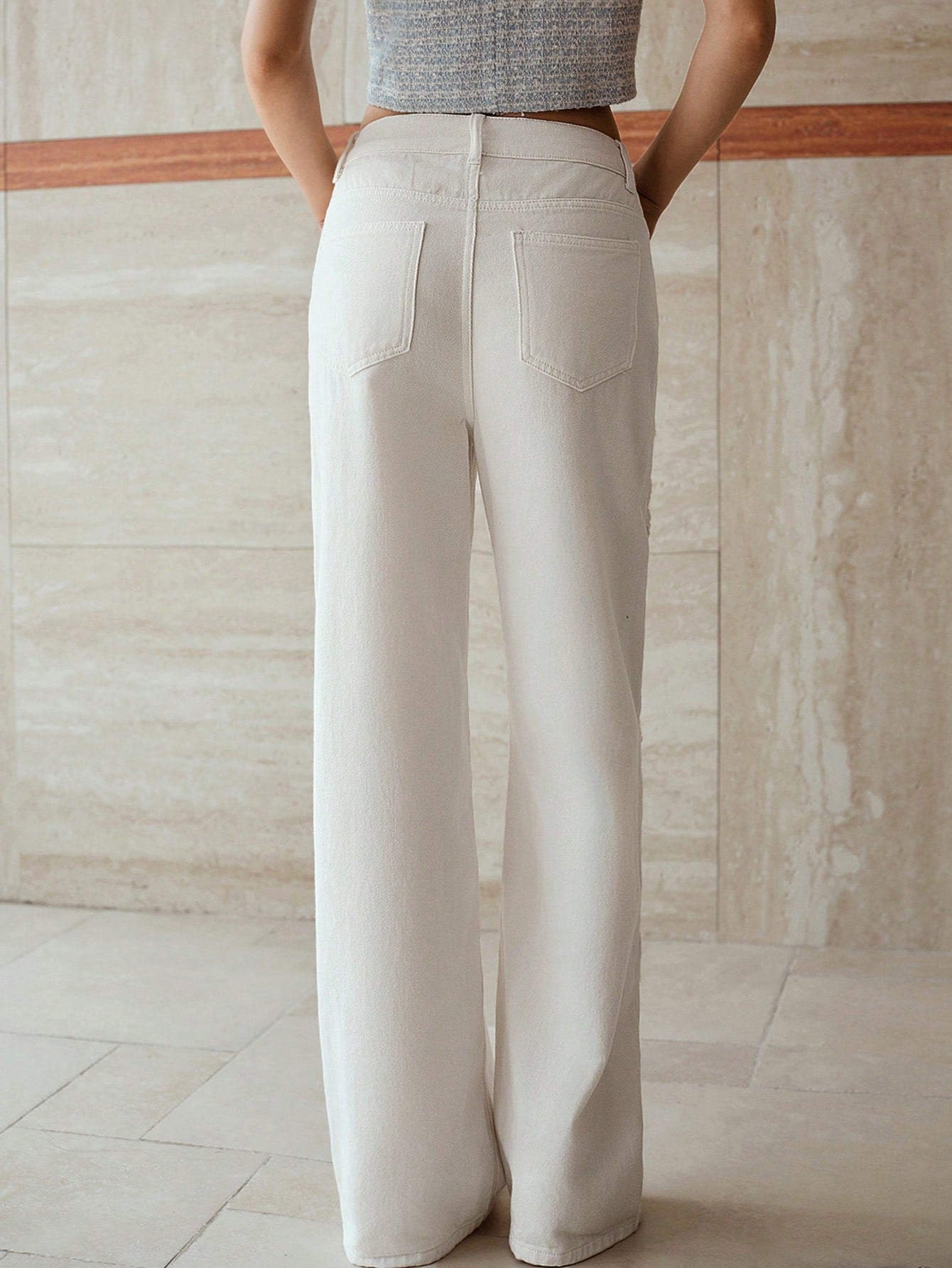 CM-BS901576 Women Casual Seoul Style Guipure Lace Insert Slant Pocket Wide Leg Jeans - White