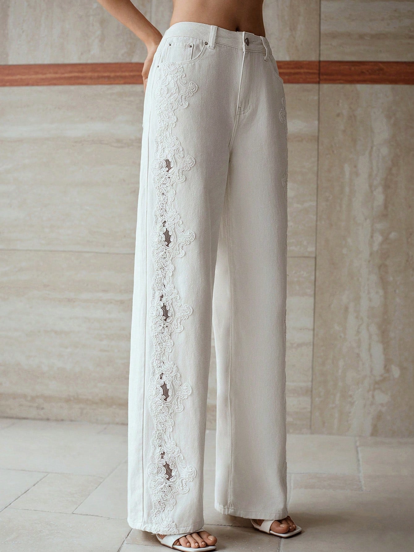CM-BS901576 Women Casual Seoul Style Guipure Lace Insert Slant Pocket Wide Leg Jeans - White