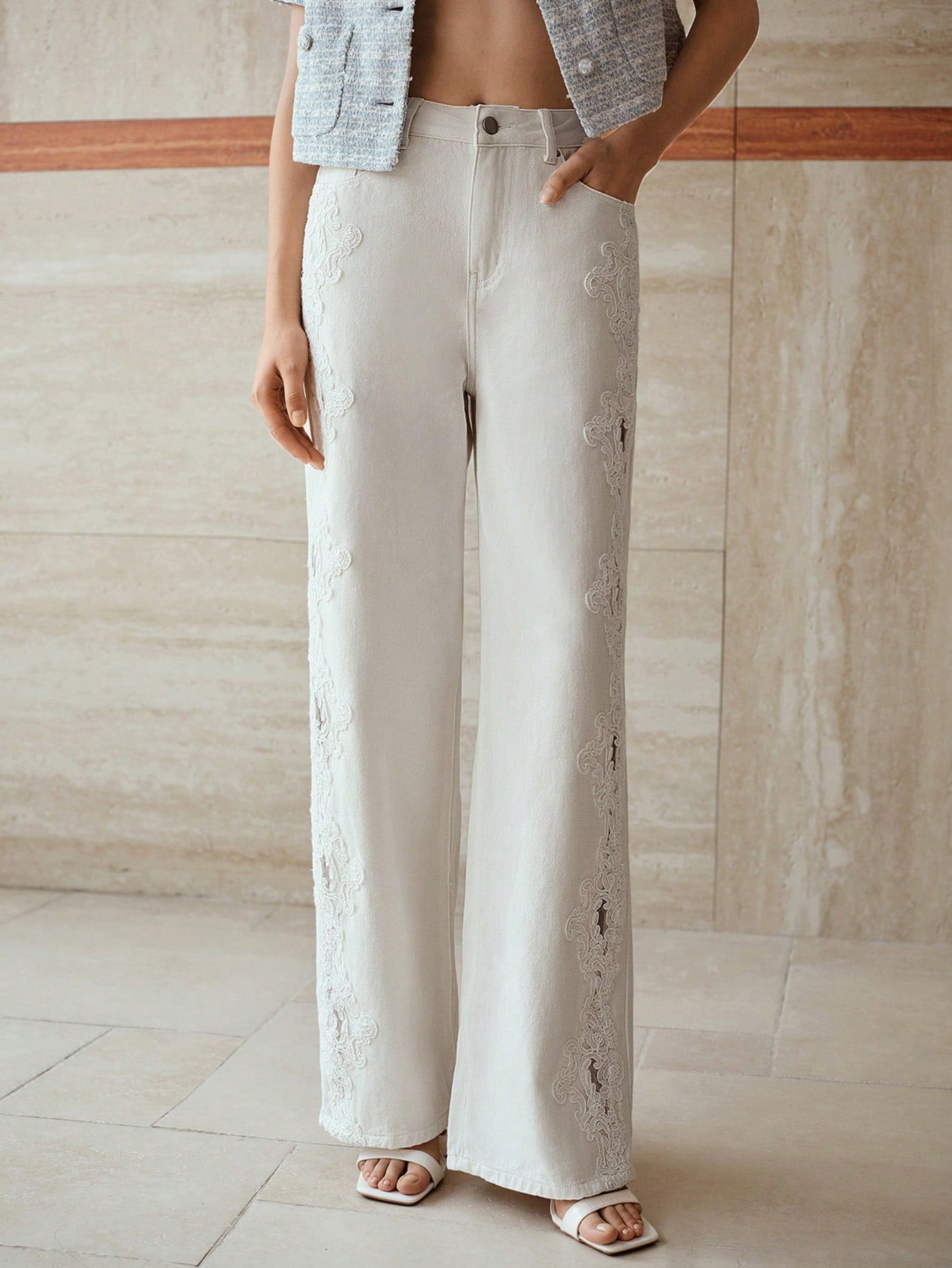 CM-BS901576 Women Casual Seoul Style Guipure Lace Insert Slant Pocket Wide Leg Jeans - White