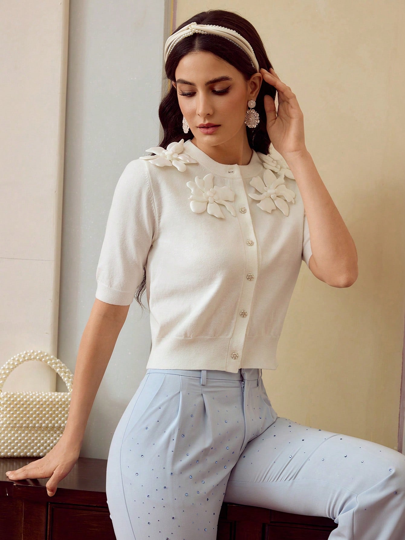 CM-TS040542 Women Elegant Seoul Style 3D Floral Decor Crew Neck Half Sleeve Top - White