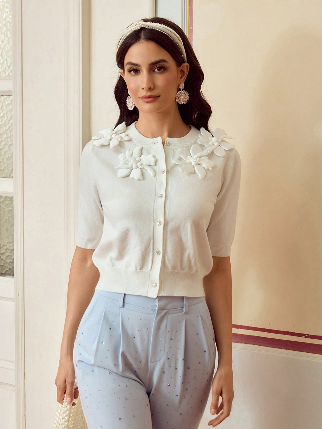 CM-TS040542 Women Elegant Seoul Style 3D Floral Decor Crew Neck Half Sleeve Top - White