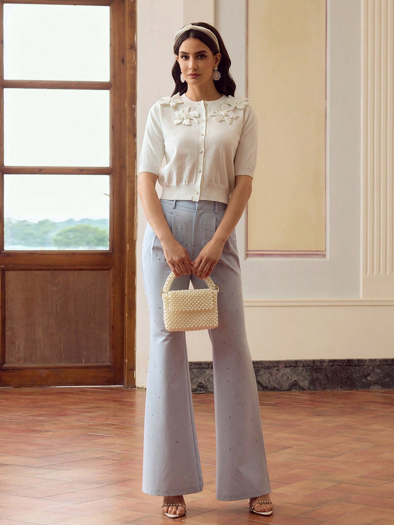CM-TS040542 Women Elegant Seoul Style 3D Floral Decor Crew Neck Half Sleeve Top - White