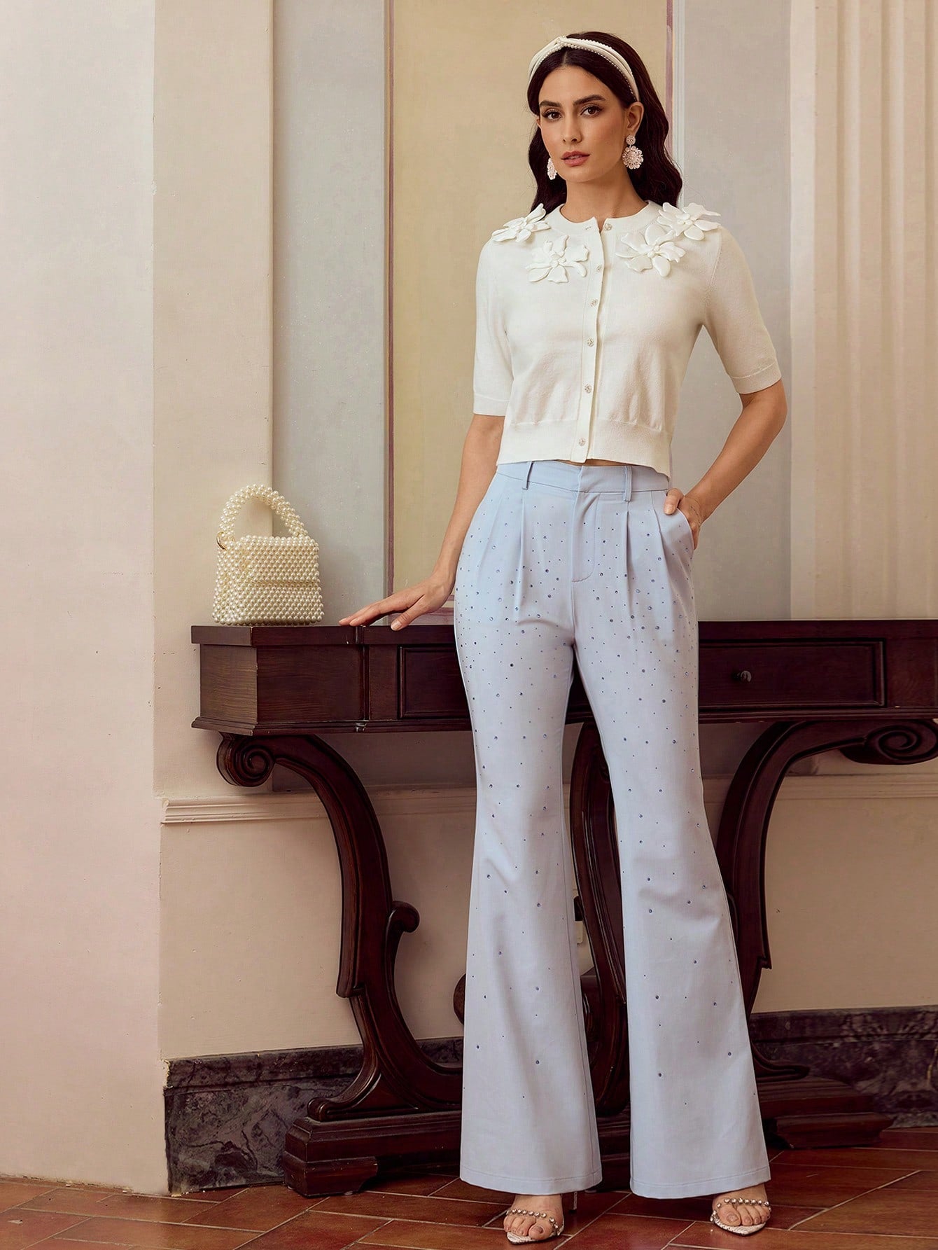 CM-TS040542 Women Elegant Seoul Style 3D Floral Decor Crew Neck Half Sleeve Top - White