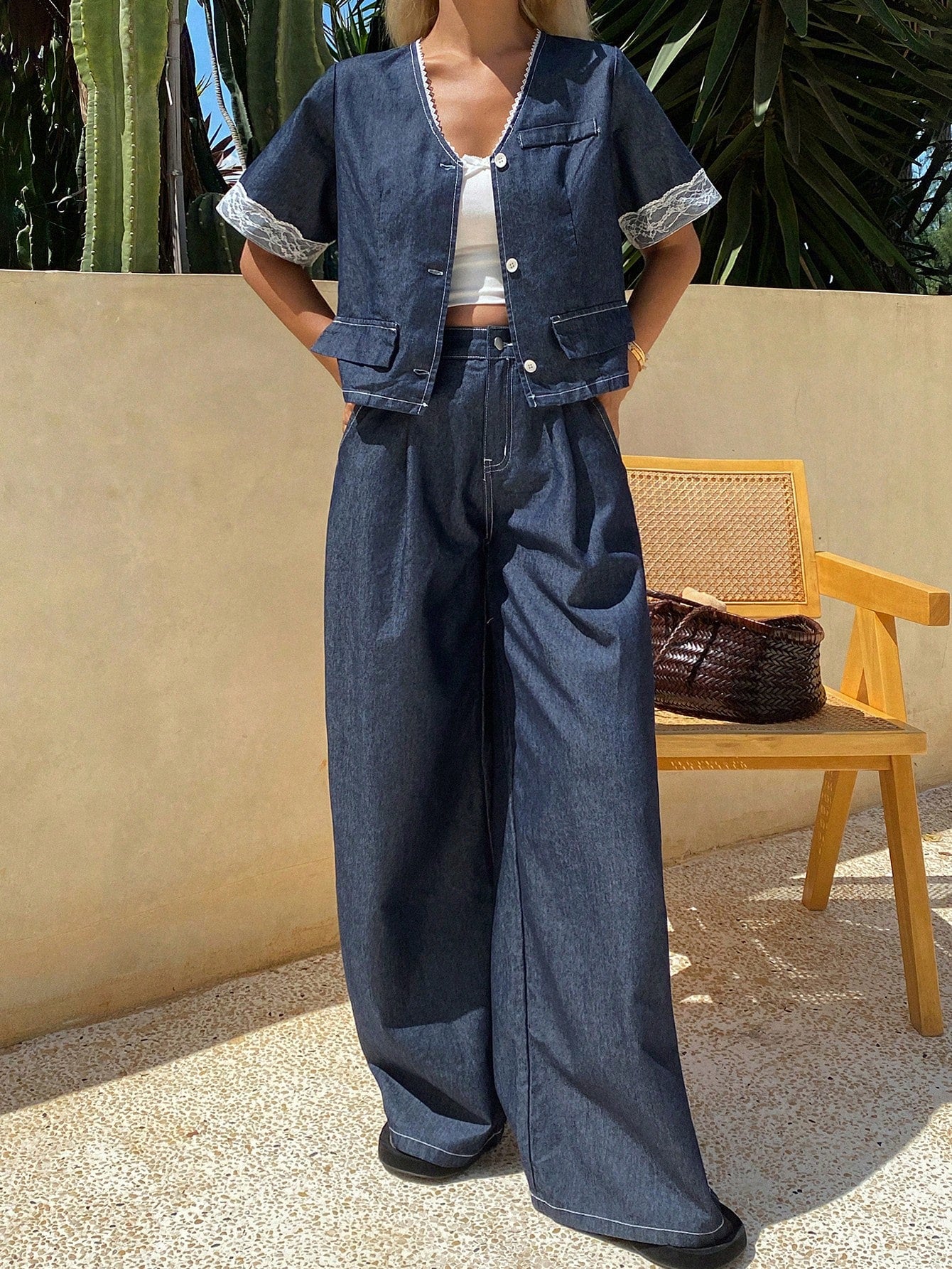 CM-SS989380 Women Casual Seoul Style V-Neck Lace Insert Short Sleeve Cardigan With Loose Wide Leg Denim Pants - Set