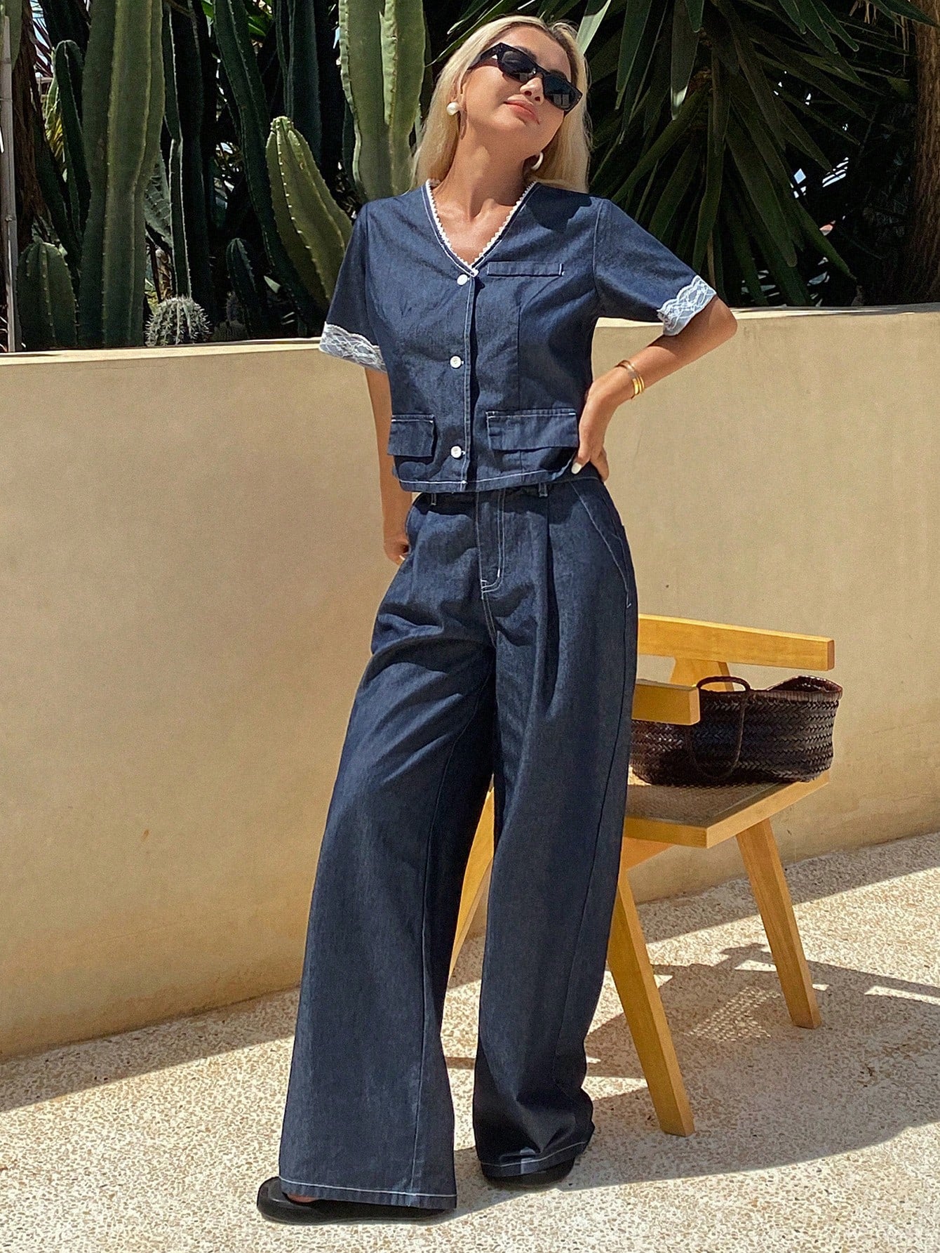 CM-SS989380 Women Casual Seoul Style V-Neck Lace Insert Short Sleeve Cardigan With Loose Wide Leg Denim Pants - Set