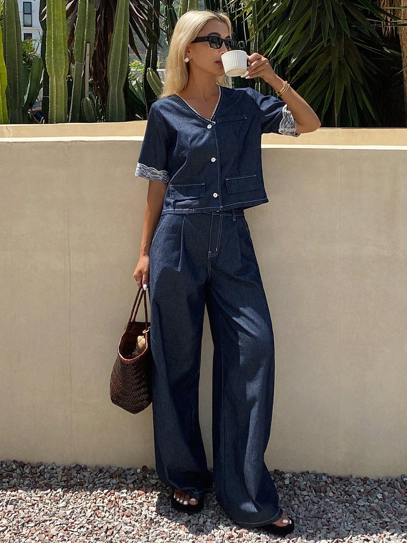 CM-SS989380 Women Casual Seoul Style V-Neck Lace Insert Short Sleeve Cardigan With Loose Wide Leg Denim Pants - Set