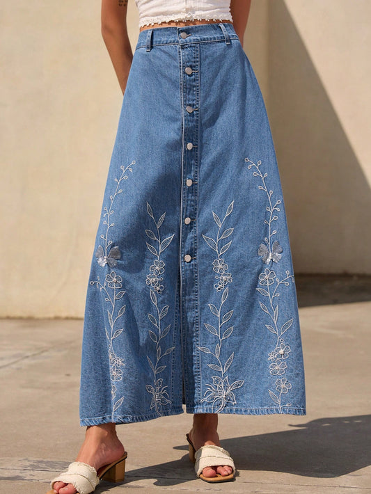 CM-BS737525 Women Casual Seoul Style Floral Embroidered Mid Waist Long Denim Skirt - Blue
