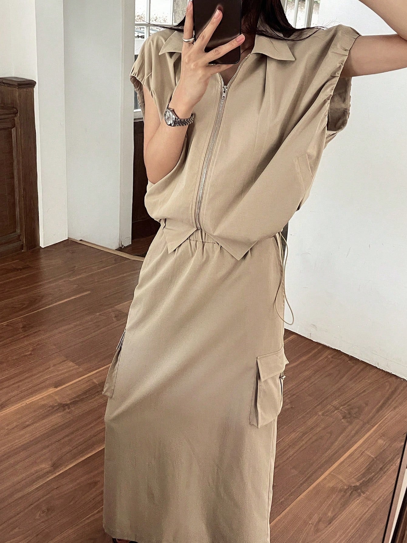 CM-SS376126 Women Casual Seoul Style Collar Neckline Cap Sleeve Oversized Top With Maxi Skirt - Set