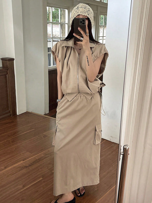 CM-SS376126 Women Casual Seoul Style Collar Neckline Cap Sleeve Oversized Top With Maxi Skirt - Set