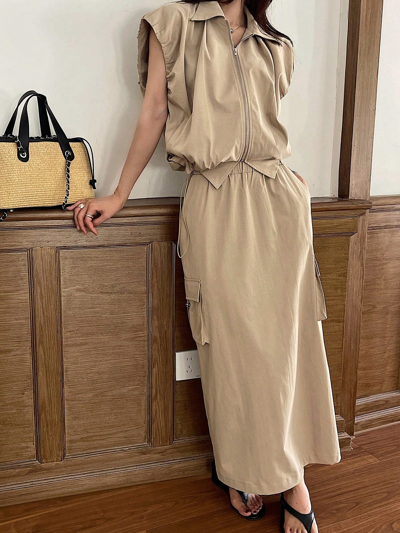 CM-SS376126 Women Casual Seoul Style Collar Neckline Cap Sleeve Oversized Top With Maxi Skirt - Set