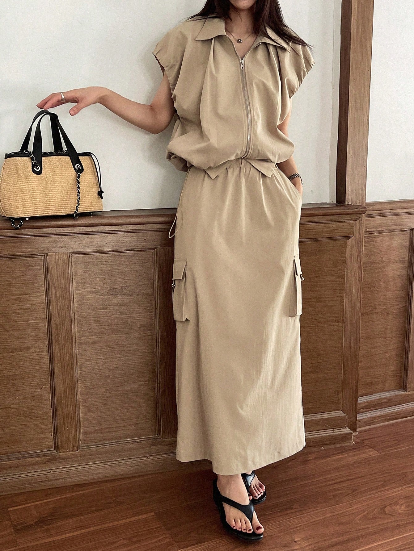 CM-SS376126 Women Casual Seoul Style Collar Neckline Cap Sleeve Oversized Top With Maxi Skirt - Set