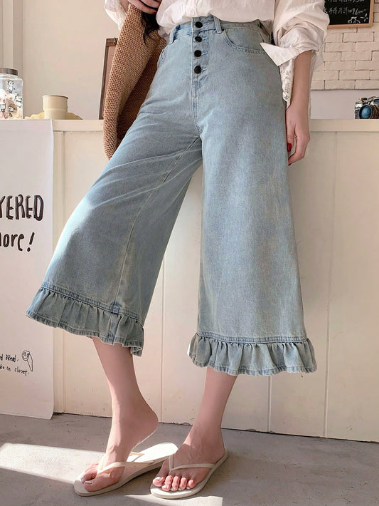 CM-BS071782 Women Casual Seoul Style Light Wash Loose Ruffled Patchwork Flared 3/4 Length Jeans