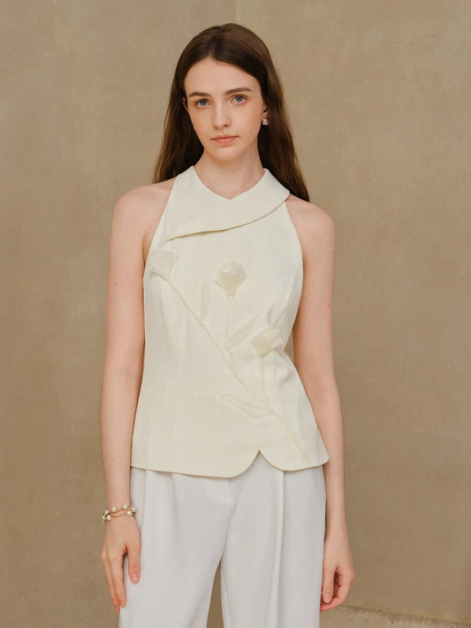 CM-TS957974 Women Elegant Seoul Style V-Neck Sleeveless Appliques Wrap Top - Apricot