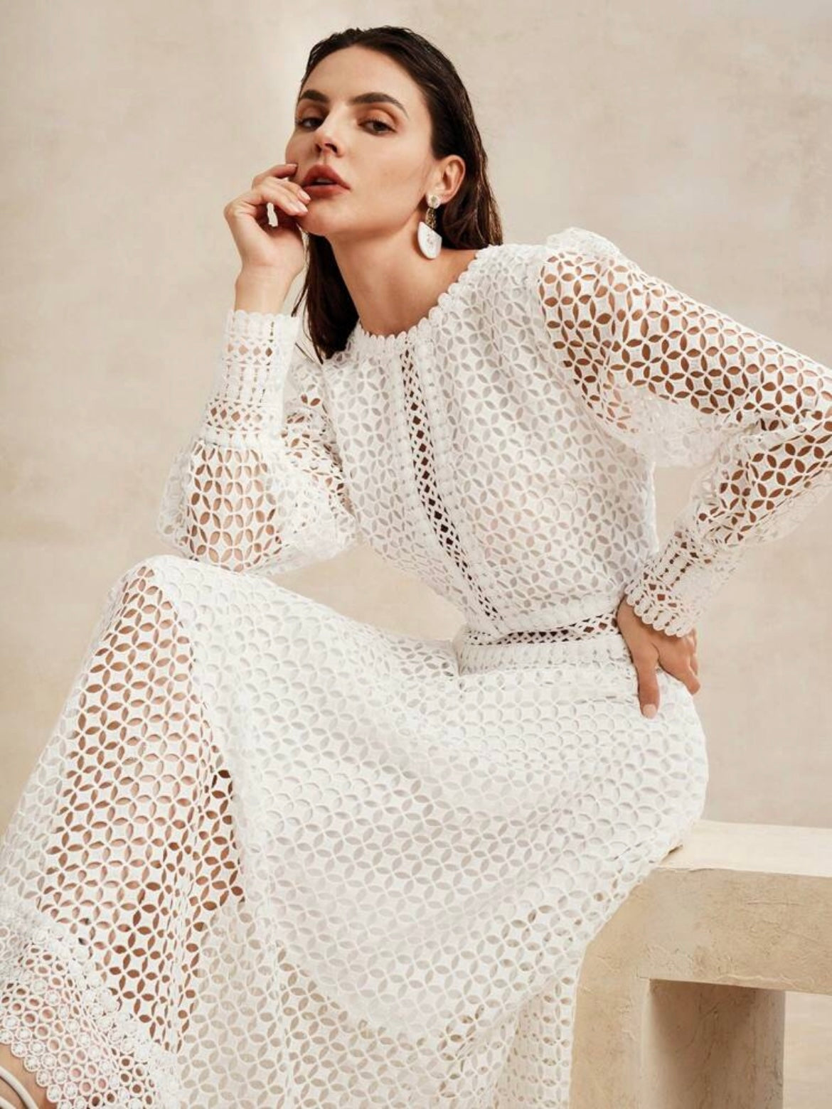 CM-DS007754 Women Elegant Seoul Style Round Neck Flounce Sleeve Floral Patchwork A-Line Dress - White