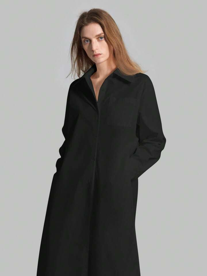 CM-TS855315 Women Casual Seoul Style Shirt Collar Long Sleeve Front Button High Slit Long Shirt - Black