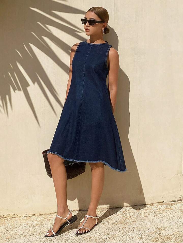 CM-DS784537 Women Casual Seoul Style Medium Wash Backless Drawstring Tie-Up Hollow Denim Dress