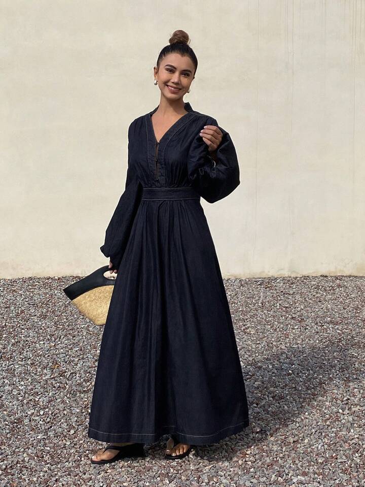 CM-DS647787 Women Casual Seoul Style V-Neck Ruched High Waist Puff Sleeve Denim Dress - Blue